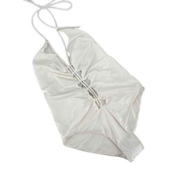 NWT Monica Hansen Beachwear Lace Up Halter Swimsuit One Piece White Small Cutout - Picture 2 of 9